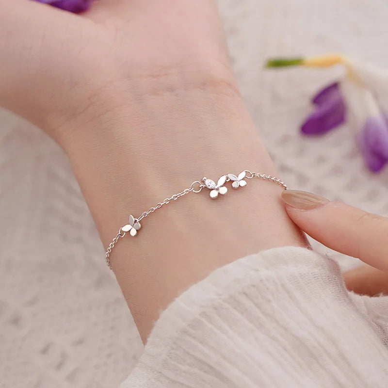 VENTFILLE 925 Silver Diamond-Studded Butterfly Bracelet Women's Fashion Temperament Flower Adjustable Bracelet