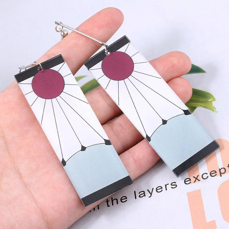 Fashion Acrylic Tanjiro Earrings Demon Slayer Earrings Anime Cosplay Props Hanafuda Drop Long Earrings for Women Girls Jewelry