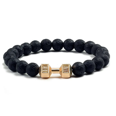 Natural Volcanic Stone Bracelet Men Matte Black Lave White Beads Charm Dumbbell Strand Bracelets Women Barbell Fitness Jewelry