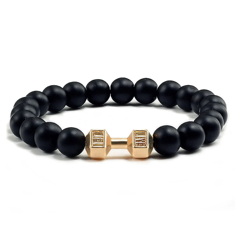 Natural Volcanic Stone Bracelet Men Matte Black Lave White Beads Charm Dumbbell Strand Bracelets Women Barbell Fitness Jewelry