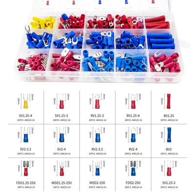 Assorted Spade Terminals Insulated Cable Connector Electrical Wire Crimp Butt Ring Fork Set Ring Lugs Rolled Crimping tool Kit