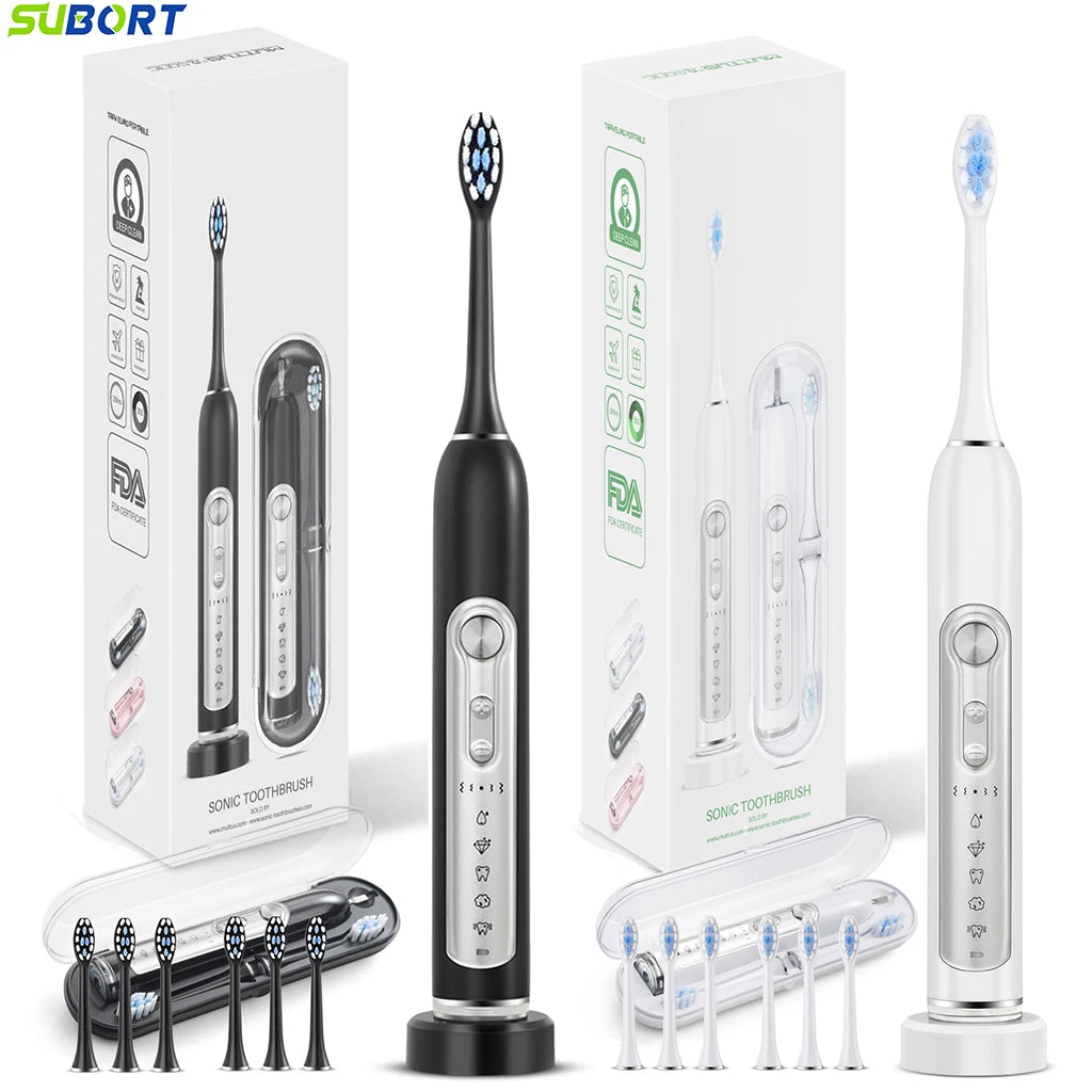 SUBORT Super Sonic Electric Toothbrushes for Adults Kid Smart Timer Whitening Toothbrush IPX7 Waterproof Replaceable Heads Set