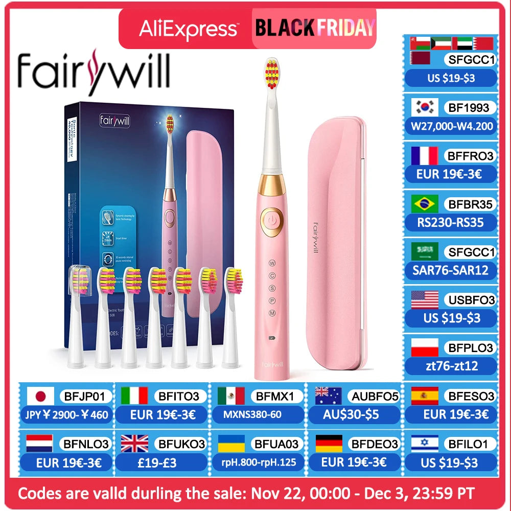 Fairywill Electric Toothbrushes for Adults Kids 5 Modes Smart Timer Rechargeable Whitening Sonic Toothbrush with 8 Brush Heads