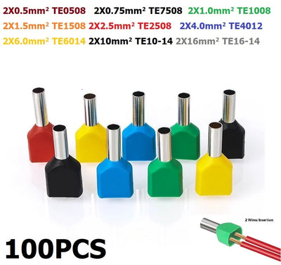 100PCS Dual Wires TE Series Insulated Ferrules Cable Lug Crimp CopperTerminal Electrical Block Cord End Connector 2x0.5mm²~16mm²