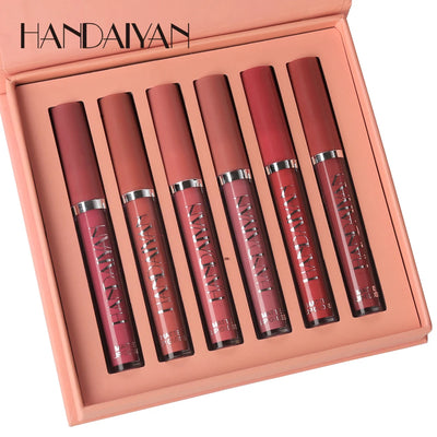 HANDAIYAN 6 Colors Lip Gloss Set Matte Nude Long-lasting High-pigment non-stick cup lip makeup Cosmetics Liquid Lipstick Setd