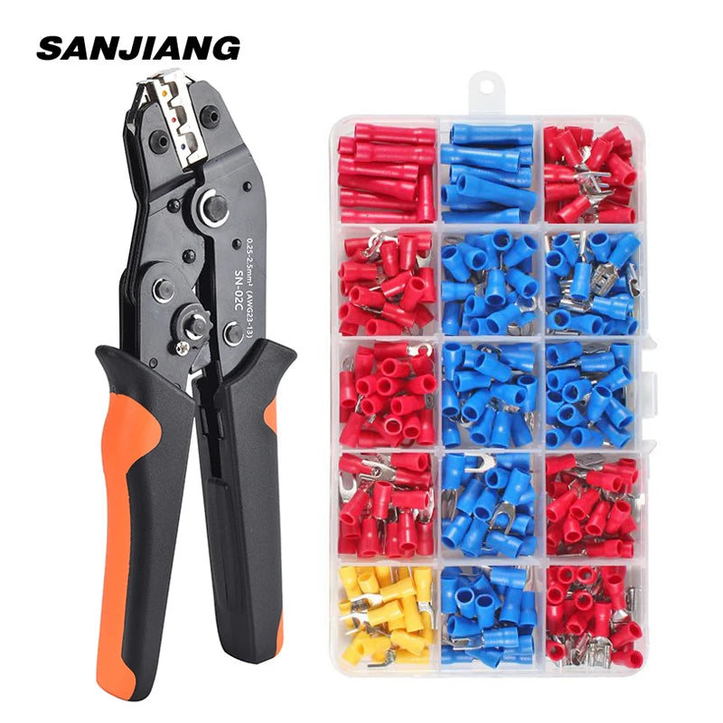 Assorted Spade Terminals Insulated Cable Connector Electrical Wire Crimp Butt Ring Fork Set Ring Lugs Rolled Crimping tool Kit