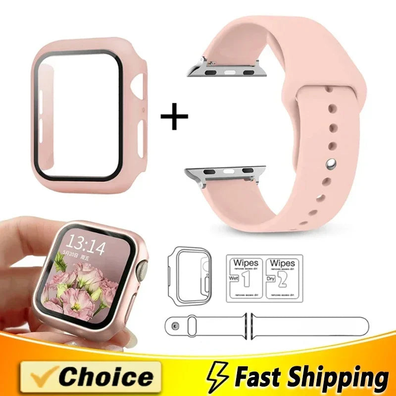 Glass+Case+Strap for Apple Watch Band 42 44 41 40 38mm 45mm 49mm Screen Protectors for Apple IWatch Series 9 8 7 6 SE 5 Silicone