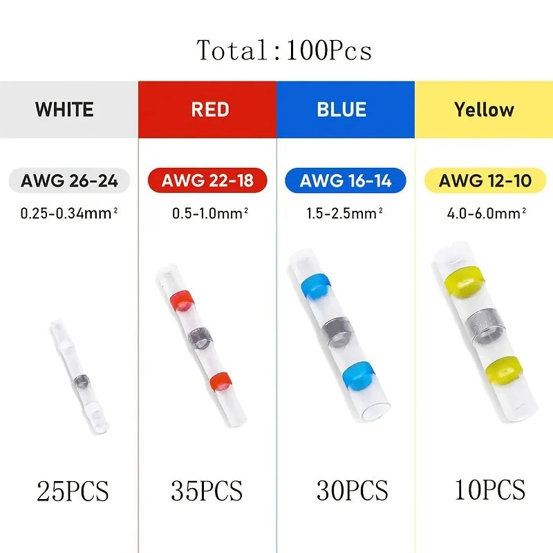 100pcs/box Waterproof Solder Seal Heat Shrink Butt Wire Connectors Terminals Electrical Wire Cable Connectors Terminals