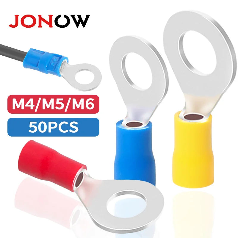 50PCS Ring Crimp Terminals Electrical Wire Connectors M4/M5/M6 Insulation Ferrule Lugs Quick Splice Cables For Connection Screw