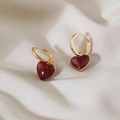 Two-Piece French Retro Oil Dripping Burgundy Love Earrings For Women Simple And Versatile Fashionable Earrings And Earrings