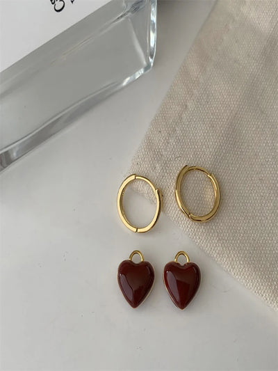 Two-Piece French Retro Oil Dripping Burgundy Love Earrings For Women Simple And Versatile Fashionable Earrings And Earrings