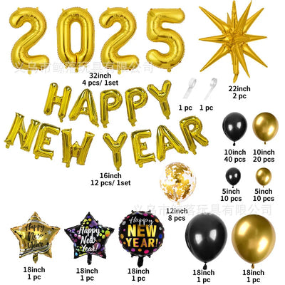 Happy New Year 2025 Balloons Gold Number 2025 Foil Balloons Happy New Year Letters Balloon Banner Gold New Years Eve Party Decor