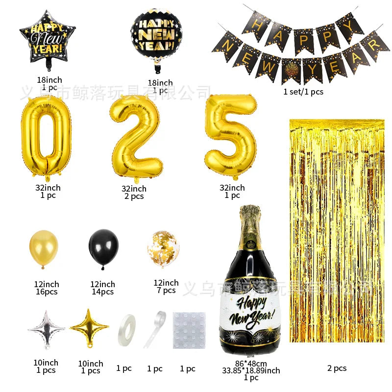 Happy New Year 2025 Balloons Gold Number 2025 Foil Balloons Happy New Year Letters Balloon Banner Gold New Years Eve Party Decor