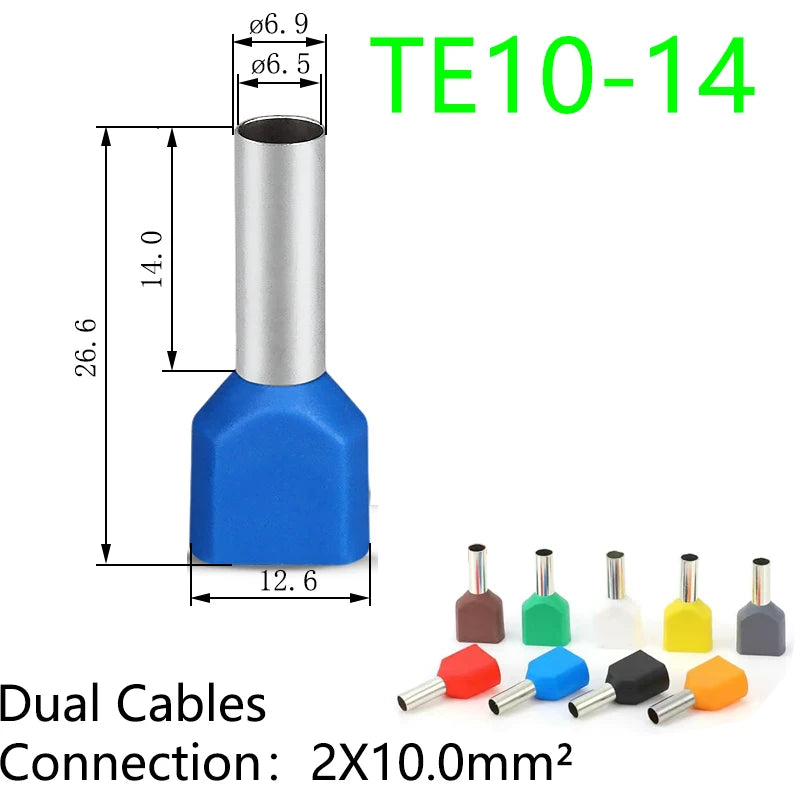 100PCS Dual Wires TE Series Insulated Ferrules Cable Lug Crimp CopperTerminal Electrical Block Cord End Connector 2x0.5mm²~16mm²