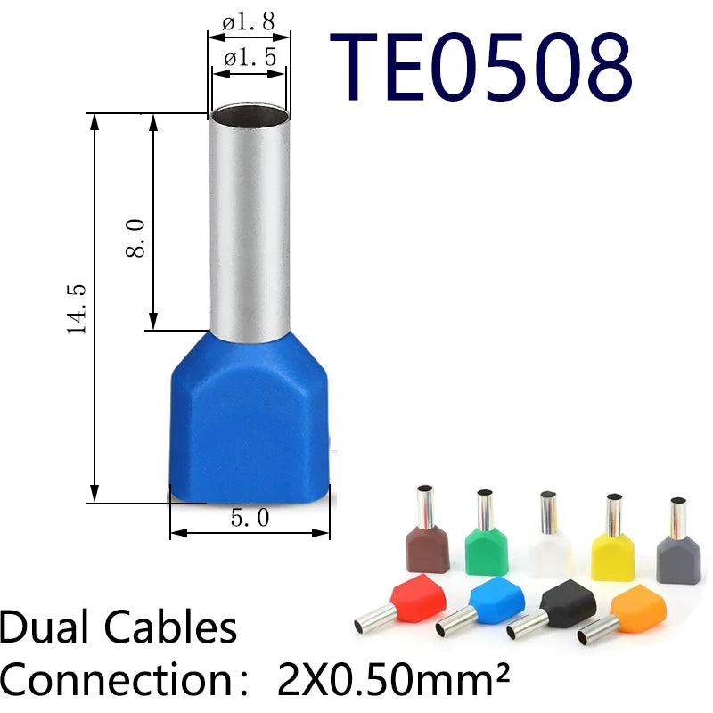 100PCS Dual Wires TE Series Insulated Ferrules Cable Lug Crimp CopperTerminal Electrical Block Cord End Connector 2x0.5mm²~16mm²