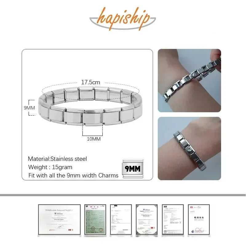 Hapiship New Women's Jewelry 9mm Width Itanlian Elastic Charm Bracelet Fashion Stainless Steel Bangle ST-