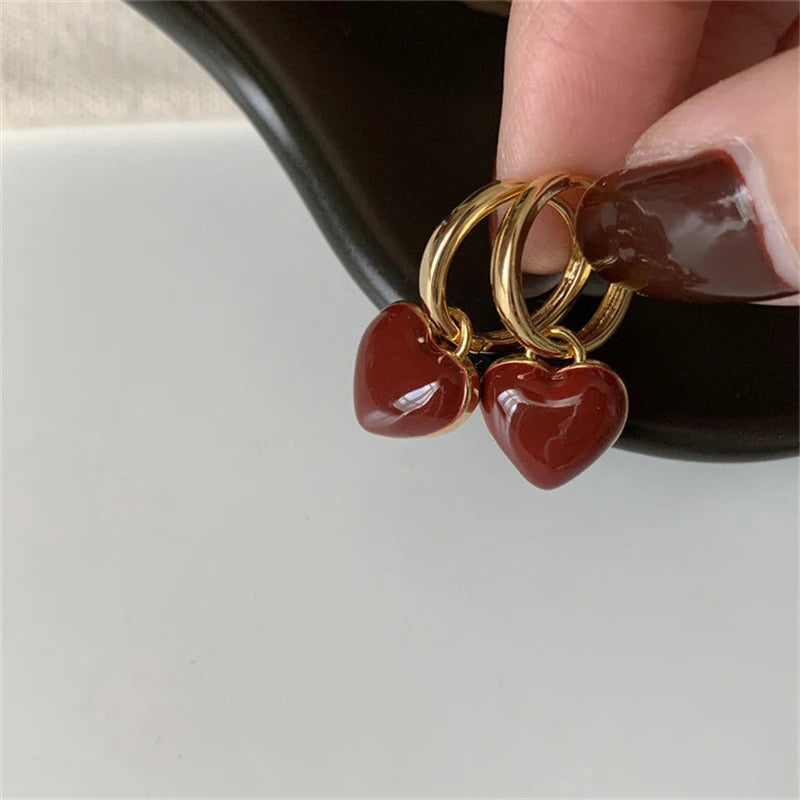 Two-Piece French Retro Oil Dripping Burgundy Love Earrings For Women Simple And Versatile Fashionable Earrings And Earrings