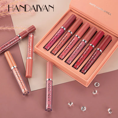 HANDAIYAN 6 Colors Lip Gloss Set Matte Nude Long-lasting High-pigment non-stick cup lip makeup Cosmetics Liquid Lipstick Setd