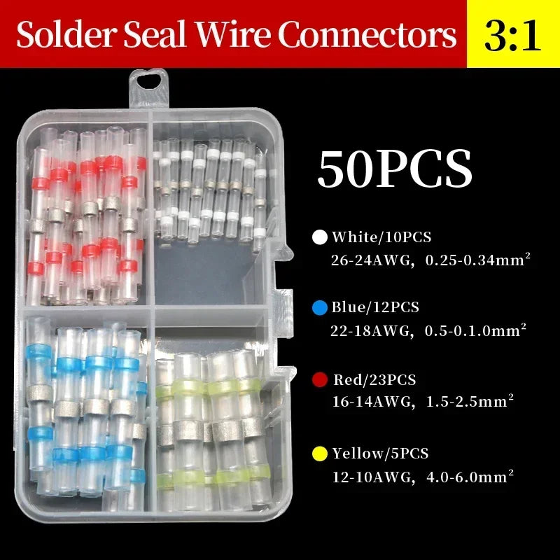 50~500Pcs Boxed Solder Seal Wire Connectors 3:1 Heat Shrink Insulated Electrical Wire Terminals Butt Splice Connector Waterproof