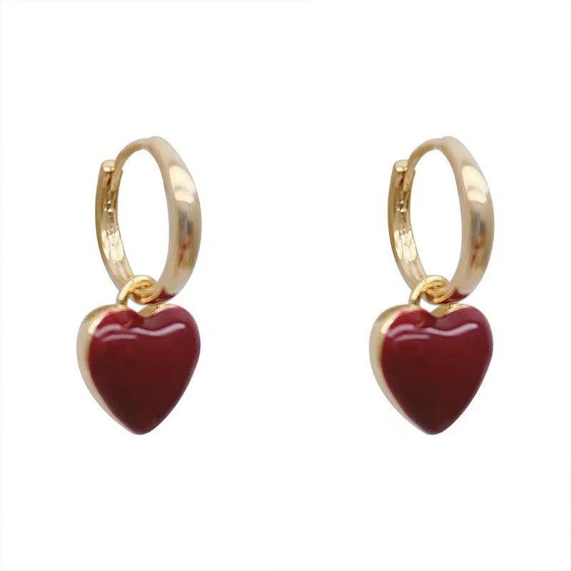 Two-Piece French Retro Oil Dripping Burgundy Love Earrings For Women Simple And Versatile Fashionable Earrings And Earrings