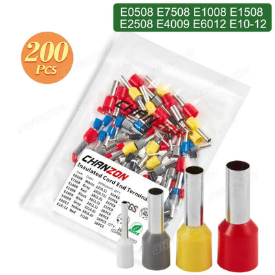 100/200Pcs E0508 E7508 E1008 E1508 E2508 Insulated Ferrule Tubular Terminal Kit Electrical Cable Wire Ends Tube Crimp Connector