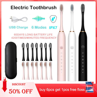 Sonic Electric Toothbrush Adult Smart Timing Tooth Brush Teeth Clean Whitening Fast USB Rechargeable Toothbrush Replacement Head