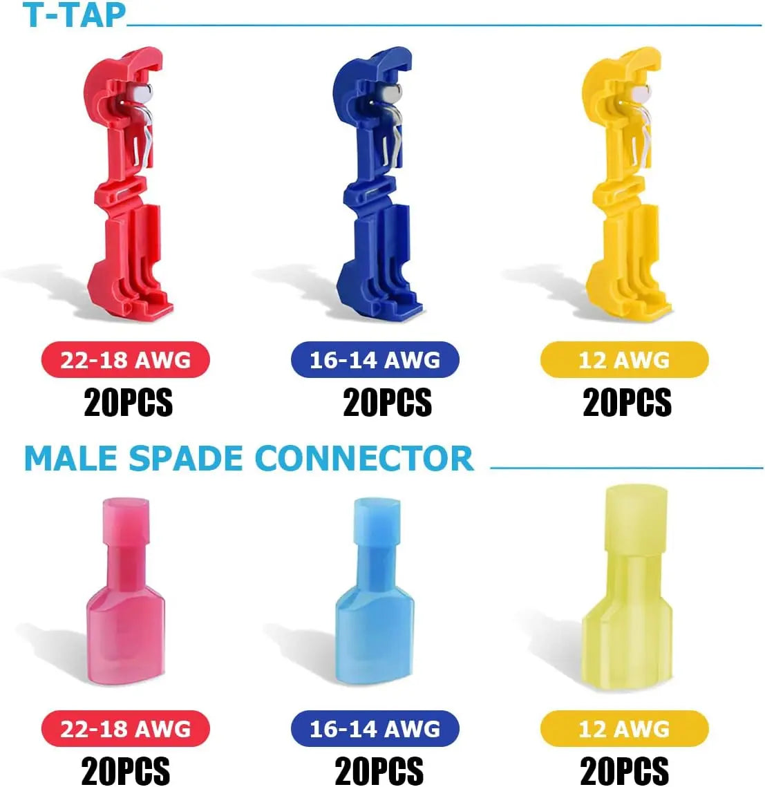 120/240PCS T Tap Wire Connectors, Self-Stripping Quick Splice Electrical Wire Terminals, Insulated Male Quick Disconnect Spade